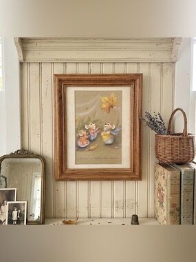 Vtg “Happy Times Make Timeless Memories” Cute Mouse Art Autumn Leaf Wood Framed